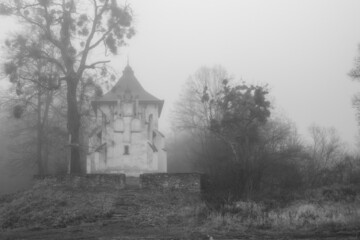 church in the fog. St. Onuphrius in Posada Rybotycka