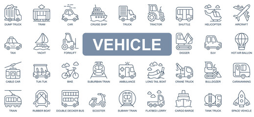 Vehicle concept simple line icons set. Pack outline pictograms of truck, tram, car, cruise, ship, tractor, helicopter, aircraft, forklift and other. Vector symbols for website and mobile app design