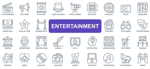 Entertainment concept simple line icons set. Pack outline pictograms of clapperboard, bullhorn, film, movie, camera, ticket, cinema hall and other. Vector symbols for website and mobile app design