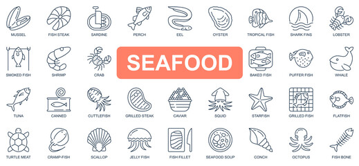 Seafood concept simple line icons set. Pack outline pictograms of mussel, fish steak, sardine, lobster, shrimp, crab, whale, tuna, starfish and other. Vector symbols for website and mobile app design