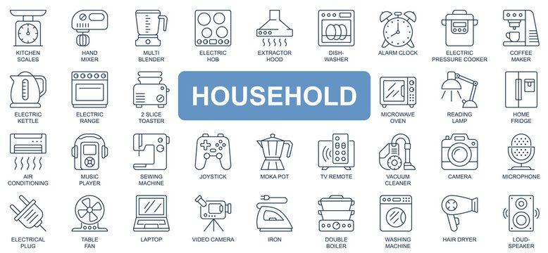 Household concept simple line icons set. Pack outline pictograms of kitchen, scales, mixer, blender, electric hob, dishwasher, table, kettle and other. Vector symbols for website and mobile app design