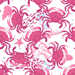 Crab marine life, fish, animals bright seamless patterns. sea travel, snorkeling with animals, tropical fish.