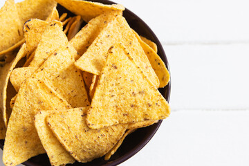 Nachos traditional mexican dish bowl top down.