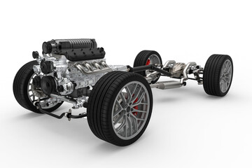 Car chassis with engine. Image of car chassis with engine isolated on white. 3d rendering - obrazy, fototapety, plakaty