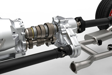 the mechanism of the gearbox and transfer case for car with all wheel drive. drivetrain system.