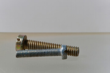Close-up picture of a rusty gold and silver screw on a white background