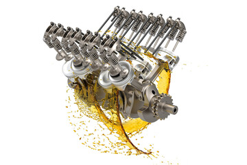 V8 Car engine with oil. Concept of modern car engine. 3d illustration  - obrazy, fototapety, plakaty
