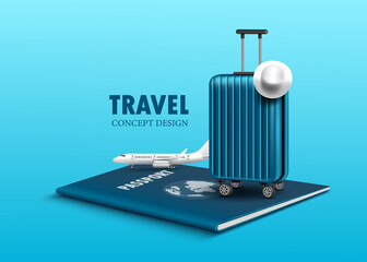 luggage and planes placed on the passport for making advertising media about tourism and all object on blue background,vector 3d virtual for travel and transport concept design - obrazy, fototapety, plakaty