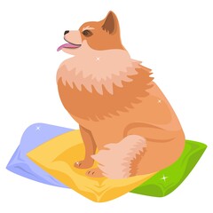 Dog. Red Spitz in profile, sitting on pillows. Cartoon drawing. Fun illustration. Graphics. Vector. Can be used for stickers, collage, web design. Grooming salon.