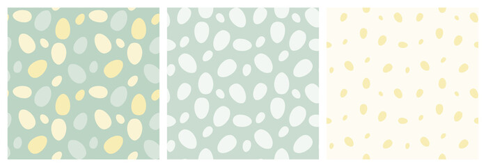 Egg seamless pattern vector design set for kitchen textile, fabric or Easter gift wrapping or poster background. Traditional spring holiday symbol, styled as repeated tiles.