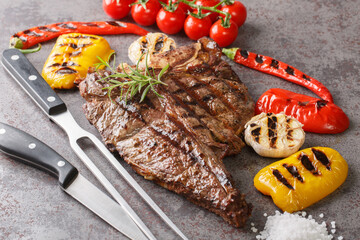 Grilled T-bone beef steak seasoned with rosemary fresh of the summer BBQ Vegetables on grey background close up. Horizontal