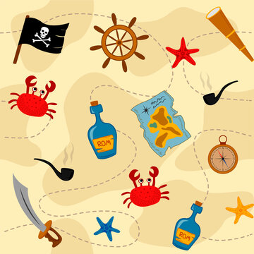 Seamless pattern with crabs, compass, telescope, starfish, smoking pipe, rum bottle, treasure map, saber, pirate flag and steering wheel on a beige background. Vector image in cartoon style flat.