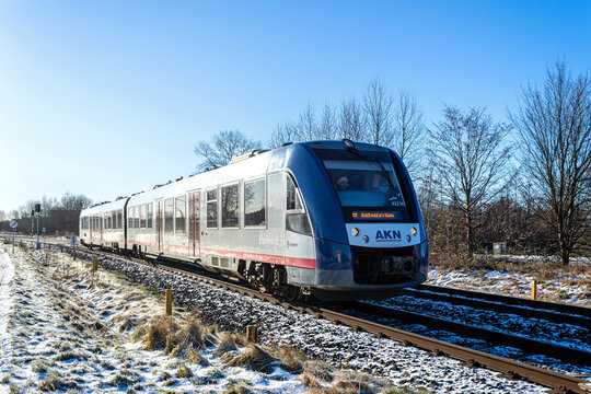 KALTENKIRCHEN, GERMANY - DECEMBER 25, 2021: AKN Alstom LINT 54 regional train. AKN Eisenbahn GmbH operates railway lines, commuter trains and freight trains in Hamburg and Schleswig-Holstein.