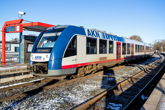 KALTENKIRCHEN, GERMANY - DECEMBER 25, 2021: AKN Alstom LINT 54 train at Kaltenkirchen Süd station. AKN operates railway lines, commuter trains and freight trains in Hamburg and Schleswig-Holstein.