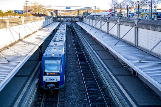HENSTEDT-ULZBURG, GERMANY - DECEMBER 25, 2021: AKN Alstom LINT 54 regional train at Ulzburg station. AKN operates railway lines, commuter trains and freight trains in Hamburg and Schleswig-Holstein.