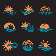 abstract collection of sun and sea waves icons isolated on black background
