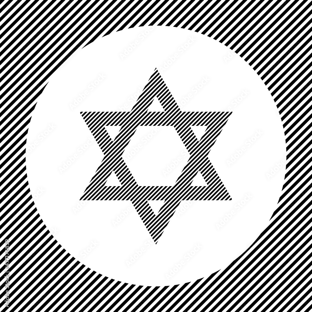 Poster a large star of david symbol in the center as a hatch of black lines on a white circle. interlaced e