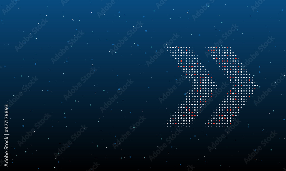 Poster on the right is the double arrow symbol filled with white dots. background pattern from dots and cir