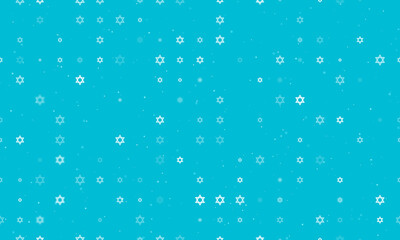 Seamless background pattern of evenly spaced white star of David symbols of different sizes and opacity. Vector illustration on cyan background with stars
