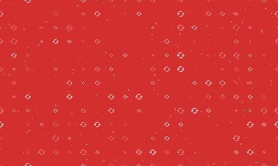 Seamless background pattern of evenly spaced white refresh symbols of different sizes and opacity. Vector illustration on red background with stars