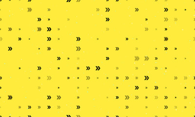 Seamless background pattern of evenly spaced black double arrow symbols of different sizes and opacity. Vector illustration on yellow background with stars