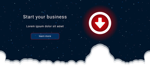 Business startup concept Landing page screen. The download symbol on the right is highlighted in bright red. Vector illustration on dark blue background with stars and curly clouds from below