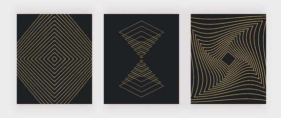 Golden geometric shapes on the black backgrounds. Vector wall art prints