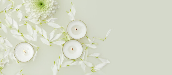 Burning candle with flower petals in water and milk bath. Minimalist still life. Nature horizontal background. Flat lay, top view.