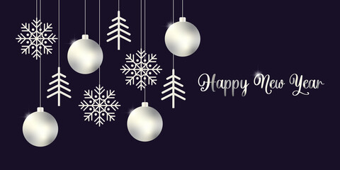 Postcard Happy New Year on a dark blue background with silver balls, Christmas trees and snowflakes. Festive Christmas banner. Modern winter illustrations.