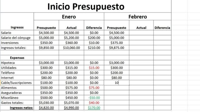 Spanish. Typing Monthly Home Expense Financial Figures Numbers Budgeted For The Month in Spreadsheet. Type Up Budget Income and Cost For Net Profit in Worksheet File For Couple or Family. Budgeting