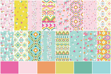 A bright collection of llama patterns, inspired by peru and aztec patterns.