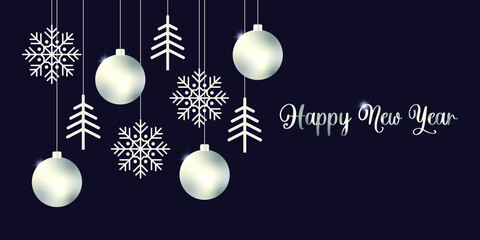 Postcard Happy New Year on a dark blue background with silver balls, Christmas trees and snowflakes. Festive Christmas banner. Modern winter illustrations. Vector