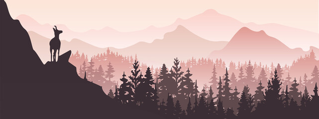 Fototapeta premium Horizontal banner. A chamois stands on top of hill with mountains and forest in background. Silhouette with pink and violet background. Illustration. Magic misty landscape.