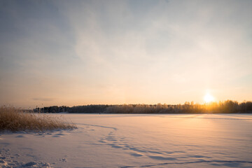 Winter landscape with sunrise. The path in the snow.