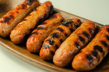 Grilled classic British sausage made from prime cuts of pork on the wooden plate