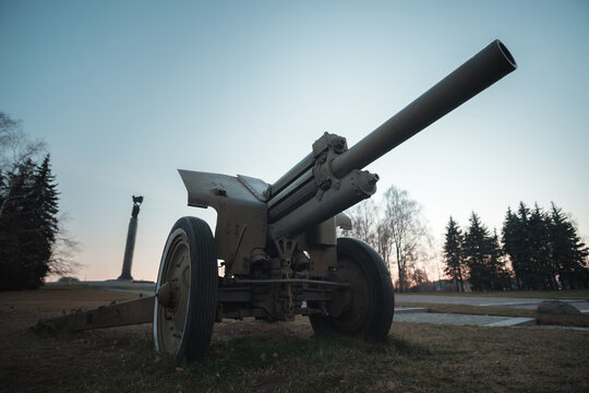 Soviet howitzer. Russian long-range artillery gun in position