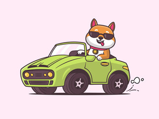 Cool shiba inu dog driving a green muscle car funny vector cartoon illustration