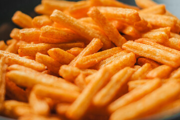 Tasty snacks close up, corn sticks for beer, French fries