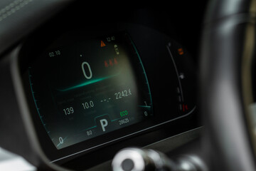 Modern digital car mileage. Car dashboard with sensors and information. RPM, Fuel indicator and temperature.