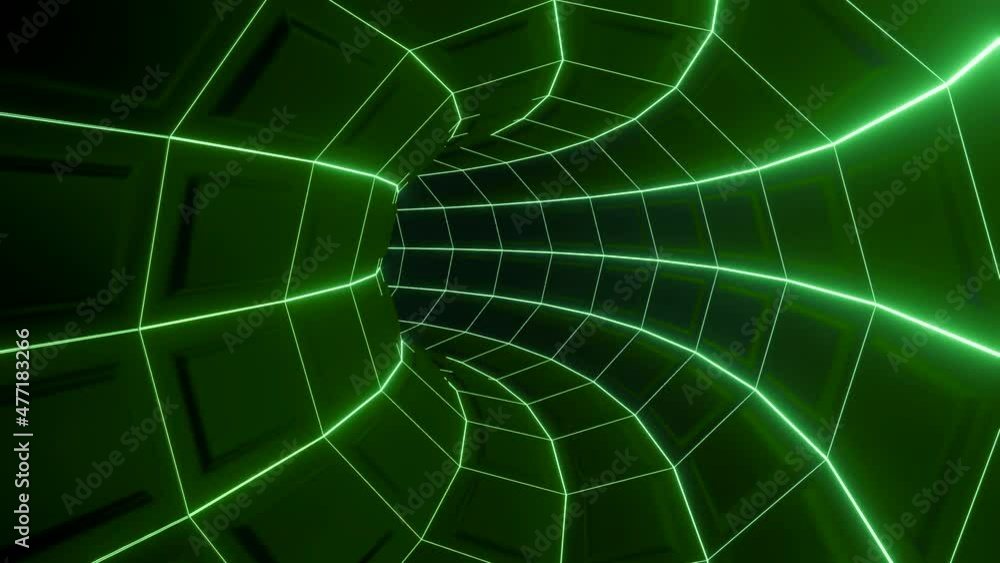 Poster curved virtual tunnel with green neon lines. design. dive into matrix world through curved tunnel. c