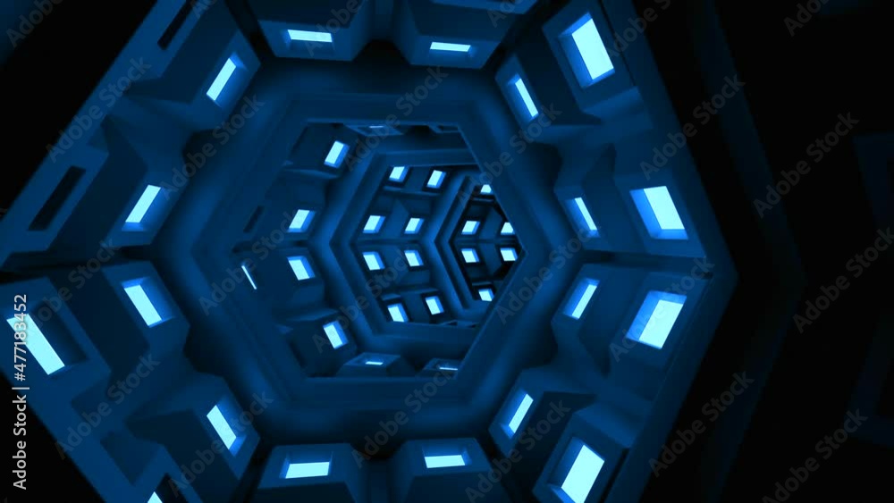 Poster abstract digital geometric background with futuristic tunnel with glowing neon light. design. blue n