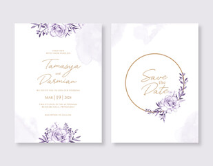 Beautiful wedding invitation template with purple floral watercolor