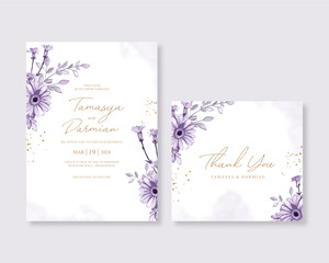 Elegant wedding card invitation template with purple flower watercolor