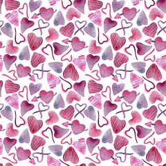 Watercolor seamless pattern for Valentine's Day. Pink and purple hearts and arrows. Hand-drawn illustrations on a white background