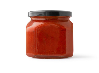 Tomato sauce jar on white