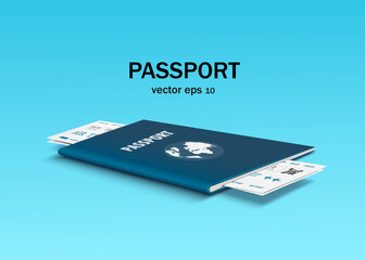 Passport and flight ticket are attached for communiction and travel concept design,vector 3d virtual on blue background