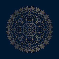 Mandala pattern with shiny gold color. Luxurious decoration. Luxurious golden mandala vector. Golden pattern. Mandala ornament on a dark blue background. Decorative golden mandala background.