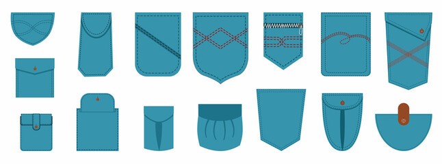 Patch pocket. Red stripes on the pockets of the uniform with a seam. A set of vector isolated illustrations in a flat style