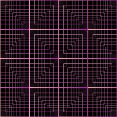 Abstract pink stacked square frame spirograph shapes seamless technology pattern on the black background. Vector illustration. Wrapping paper.