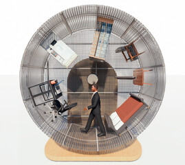 Man and various objects of life in the hamster wheel
